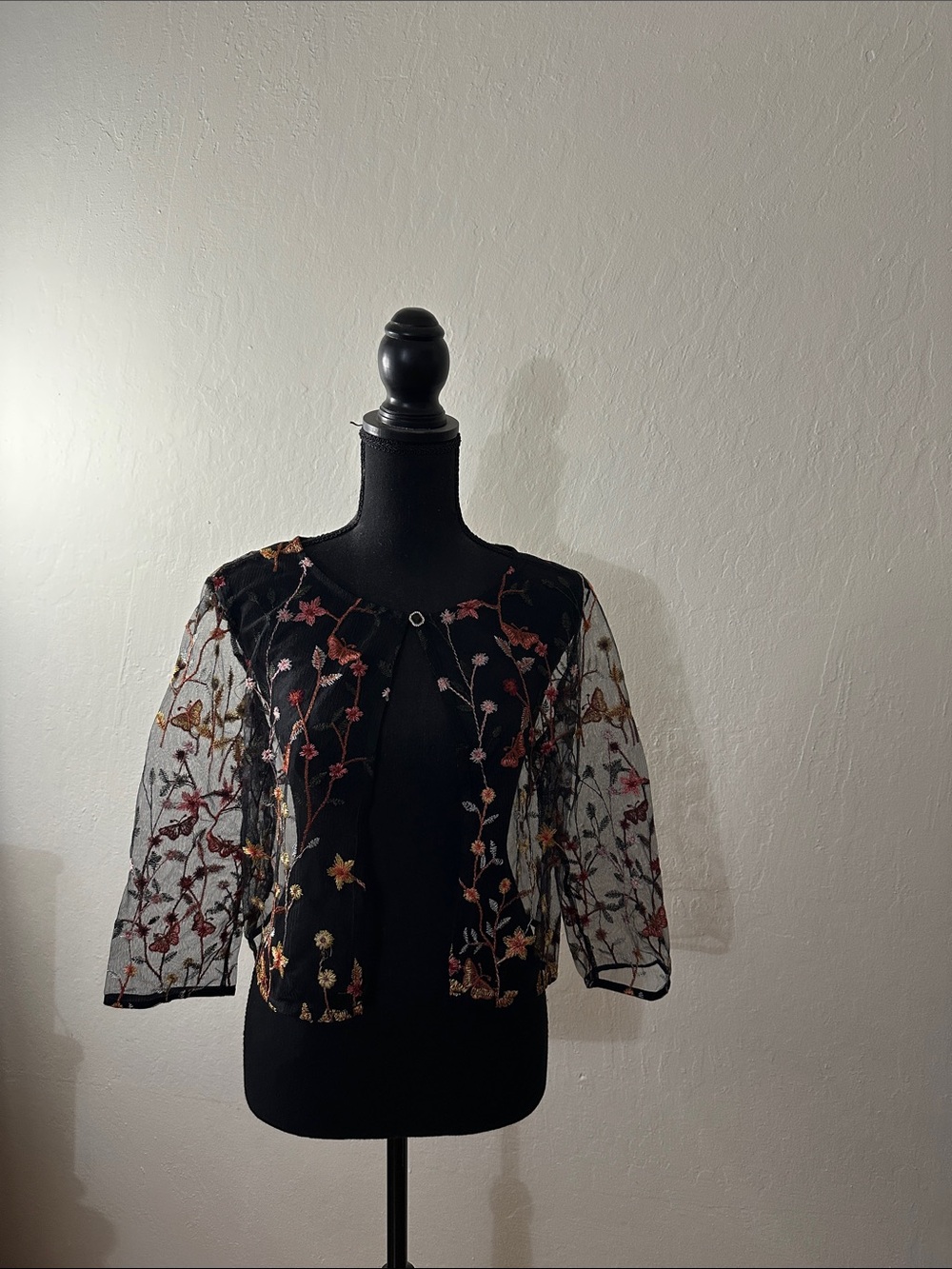 Black Sheer Floral Embroidered Open Cardigan